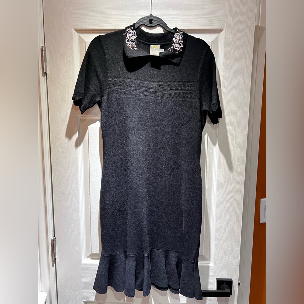Taylor Black Short-Sleeve Knit Dress with Embellished Collar